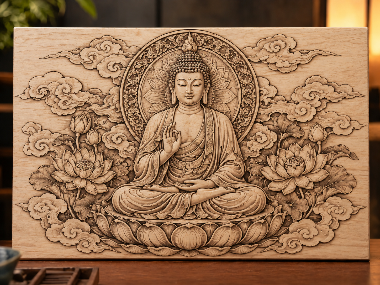 Bouddha gravé au laser sur bois noble