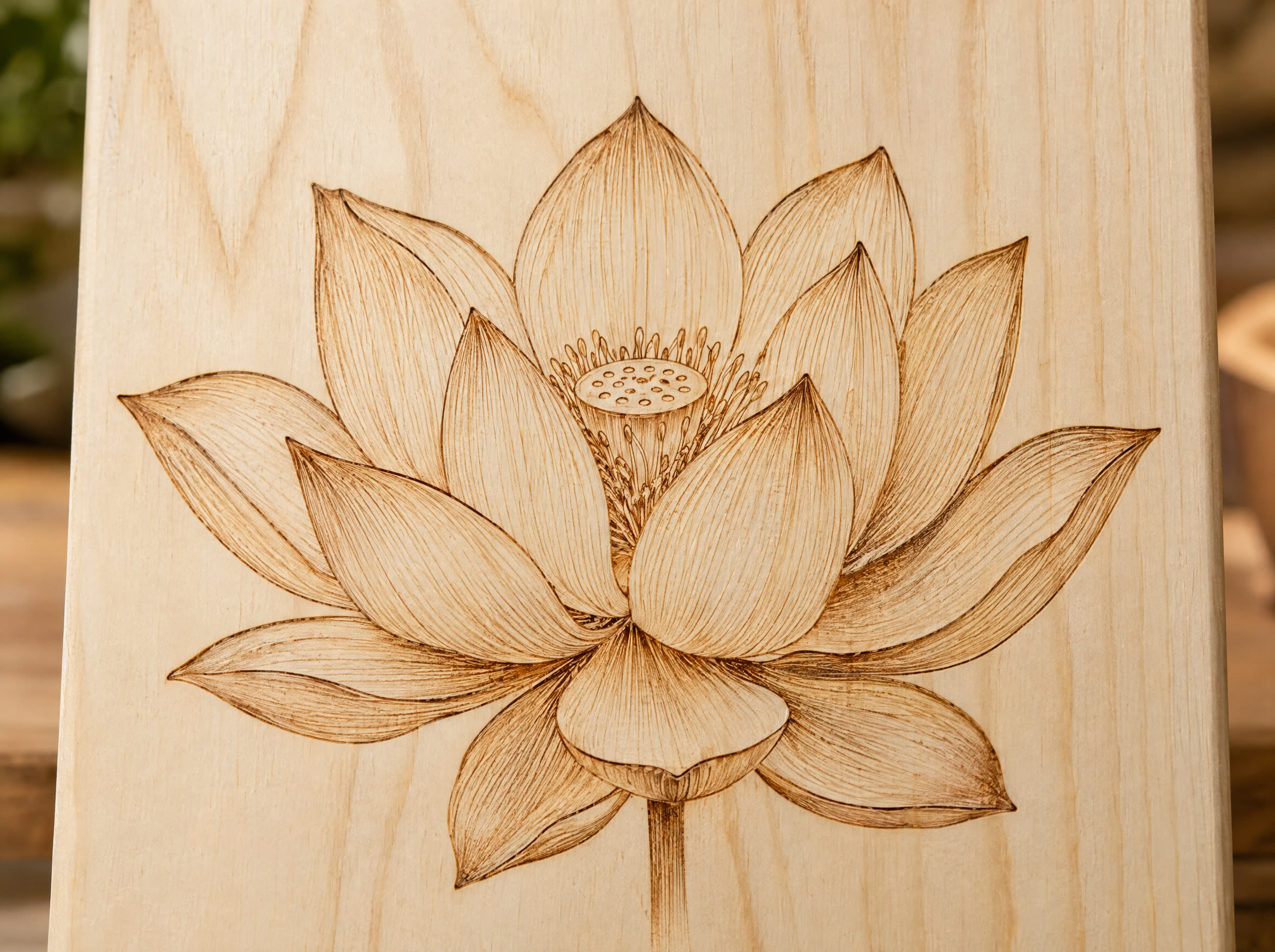 Fleur de lotus gravée au laser sur une planche de sapin